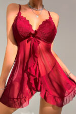 Kadın Bordo Dantelli, Fırfırlı Tül ve Fiyonk Detaylı Tangalı Gecelik Takımı