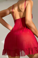 Kadın Bordo Dantelli, Fırfırlı Tül ve Fiyonk Detaylı Tangalı Gecelik Takımı - Görsel 2