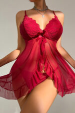 Kadın Bordo Dantelli, Fırfırlı Tül ve Fiyonk Detaylı Tangalı Gecelik Takımı - Görsel 3