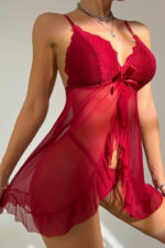 Kadın Bordo Dantelli, Fırfırlı Tül ve Fiyonk Detaylı Tangalı Gecelik Takımı - Görsel 4