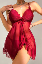 Kadın Bordo Dantelli, Fırfırlı Tül ve Fiyonk Detaylı Tangalı Gecelik Takımı - Görsel 5