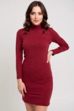 Kadın Bordo Kaşkorse Balıkçı Yaka Uzun Kollu Bodycon Mini Elbise – Şık, Rahat ve 4 Mevsim - Görsel 2