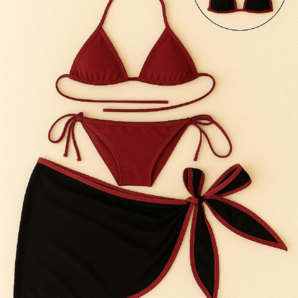 Kadın Bordo Siyah Pareolu Yandan ve Boyundan Bağlamalı 3&apos;lü Bikini Takımı – Modern, Konforlu ve Günlük Kombinlere Uygun