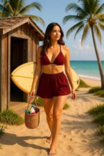 Kadın Bordo Şortlu Belden ve Boyundan Bağlamalı Bikini Takımı – Modern, Konforlu ve Günlük Kombinlere Uygun - Görsel 4