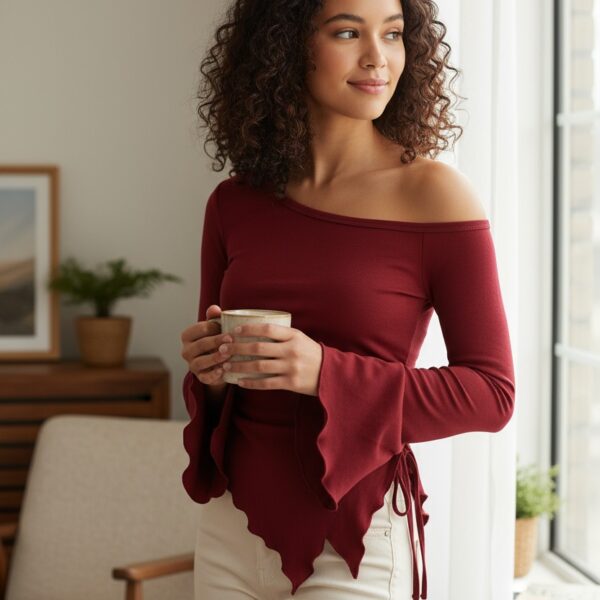 Kadın Bordo Uzun İspanyol Kollu Asimetirik Yaka Yandan Bağlamalı Drapeli Bluz