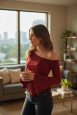 Kadın Bordo Uzun İspanyol Kollu Asimetirik Yaka Yandan Bağlamalı Drapeli Bluz - Görsel 2