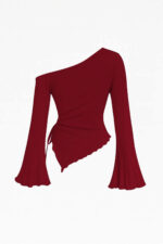 Kadın Bordo Uzun İspanyol Kollu Asimetirik Yaka Yandan Bağlamalı Drapeli Bluz - Görsel 3