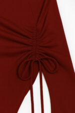 Kadın Bordo Uzun İspanyol Kollu Asimetirik Yaka Yandan Bağlamalı Drapeli Bluz - Görsel 5