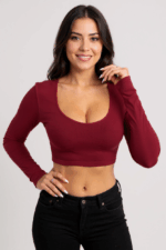 Kadın Bordo Uzun Kol Kare Yaka Crop Top Bluz - Görsel 2