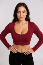 Kadın Bordo Uzun Kol Kare Yaka Crop Top Bluz - Görsel 4