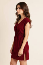 Kadın Bordo Yanları Yırtmaçlı Tokalı V Yaka Mini Plaj Elbisesi - Görsel 2