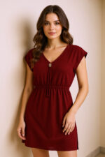 Kadın Bordo Yanları Yırtmaçlı Tokalı V Yaka Mini Plaj Elbisesi - Görsel 5