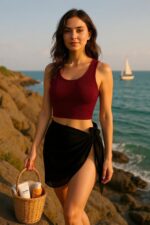 Kadın Bordo Yuvarlak Yaka Crop ve Siyah Pareo 2&apos;li Set – Modern ve Şık Tasarım - Görsel 2