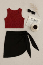 Kadın Bordo Yuvarlak Yaka Crop ve Siyah Pareo 2&apos;li Set – Modern ve Şık Tasarım - Görsel 5