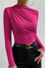 Kadın Fuşya Belden ve Boyundan Büzgü Detaylı Uzun Kollu Bluz - Görsel 3