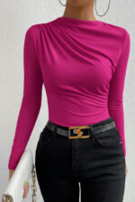 Kadın Fuşya Belden ve Boyundan Büzgü Detaylı Uzun Kollu Bluz - Görsel 4