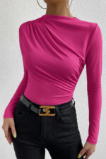 Kadın Fuşya Belden ve Boyundan Büzgü Detaylı Uzun Kollu Bluz - Görsel 5