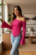 Kadın Fuşya Uzun İspanyol Kollu Asimetirik Yaka Yandan Bağlamalı Drapeli Bluz