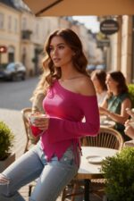 Kadın Fuşya Uzun İspanyol Kollu Asimetirik Yaka Yandan Bağlamalı Drapeli Bluz - Görsel 2