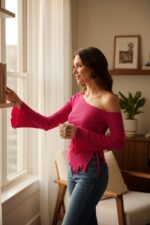 Kadın Fuşya Uzun İspanyol Kollu Asimetirik Yaka Yandan Bağlamalı Drapeli Bluz - Görsel 3