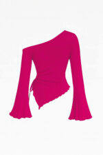 Kadın Fuşya Uzun İspanyol Kollu Asimetirik Yaka Yandan Bağlamalı Drapeli Bluz - Görsel 4