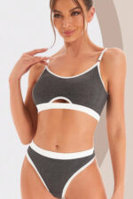 Kadın Gri Antrasit Kaşkorse ve Beyaz Lastikli Cut-Out Tanga Külotlu Takım – Modern, Konforlu - Görsel 2