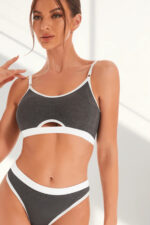 Kadın Gri Antrasit Kaşkorse ve Beyaz Lastikli Cut-Out Tanga Külotlu Takım – Modern, Konforlu - Görsel 3