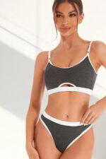 Kadın Gri Antrasit Kaşkorse ve Beyaz Lastikli Cut-Out Tanga Külotlu Takım – Modern, Konforlu - Görsel 4