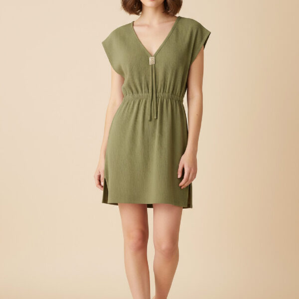 Kadın Haki Yanları Yırtmaçlı Tokalı V Yaka Mini Plaj Elbisesi