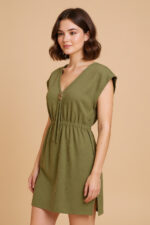 Kadın Haki Yanları Yırtmaçlı Tokalı V Yaka Mini Plaj Elbisesi - Görsel 2