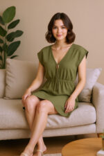 Kadın Haki Yanları Yırtmaçlı Tokalı V Yaka Mini Plaj Elbisesi - Görsel 4