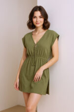 Kadın Haki Yanları Yırtmaçlı Tokalı V Yaka Mini Plaj Elbisesi - Görsel 5