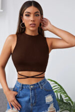 Kadın Kahverengi Çapraz Bağlamalı Crop Top Büstiyer – Modern ve Şık Tasarım
