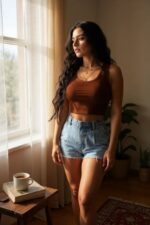 Kadın Kahverengi Kare Yaka Crop Top Bluz – Şık, Rahat ve Kolay Kombinlenebilir - Görsel 2