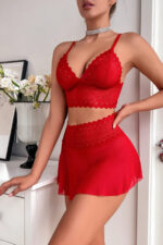 Kadın Kırmızı Dantel ve Tül Detaylı Etekli Şık Gecelik Takımı – Modern, Konforlu - Görsel 3