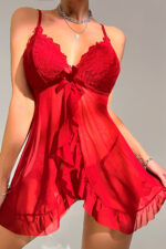 Kadın Kırmızı Dantelli, Fırfırlı Tül ve Fiyonk Detaylı Tangalı Gecelik Takımı – Modern, Konforlu