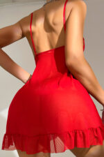 Kadın Kırmızı Dantelli, Fırfırlı Tül ve Fiyonk Detaylı Tangalı Gecelik Takımı – Modern, Konforlu - Görsel 2