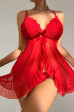 Kadın Kırmızı Dantelli, Fırfırlı Tül ve Fiyonk Detaylı Tangalı Gecelik Takımı – Modern, Konforlu - Görsel 3