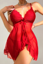 Kadın Kırmızı Dantelli, Fırfırlı Tül ve Fiyonk Detaylı Tangalı Gecelik Takımı – Modern, Konforlu - Görsel 5