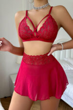 Kadın Kırmızı Göğsü ve Beli Dantel Detaylı Etekli Takım – Modern, Konforlu - Görsel 3