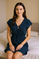 Kadın Lacivert Yanları Yırtmaçlı Tokalı V Yaka Mini Plaj Elbisesi - Görsel 4