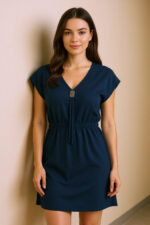 Kadın Lacivert Yanları Yırtmaçlı Tokalı V Yaka Mini Plaj Elbisesi - Görsel 5