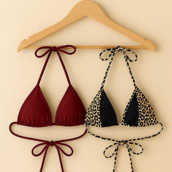 Kadın Leopar Desenli ve Bordo Minimal Kesim Üçgen Bikini Üstü – Modern ve Şık Tasarım