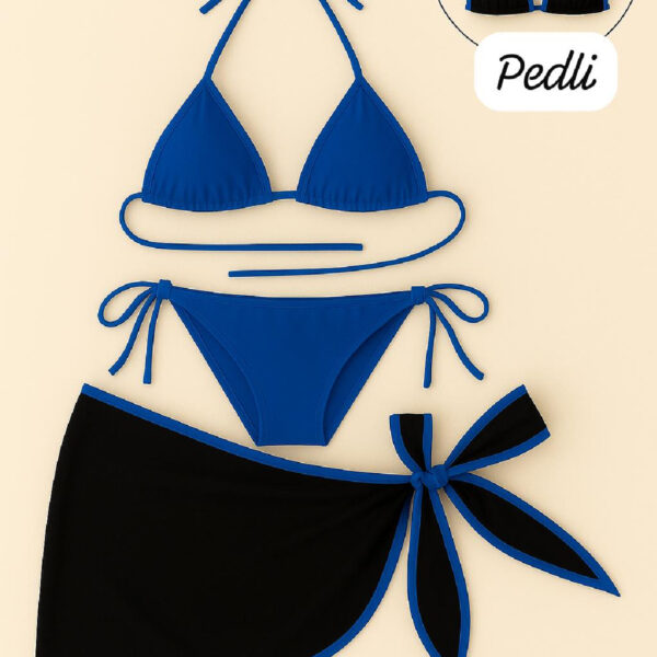 Kadın Mavi Pareolu Yandan ve Boyundan Bağlamalı 3&apos;lü Bikini Takımı – Modern, Konforlu ve Günlük Kombinlere Uygun