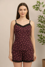 Kadın Mor Kalp Desenli Askılı Şortlu Dantelli Pijama Takımı - Görsel 3