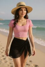 Kadın Pembe Yarım Kol Crop ve Siyah Pareo 2&apos;li Set – Modern ve Şık Tasarım