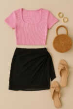 Kadın Pembe Yarım Kol Crop ve Siyah Pareo 2&apos;li Set – Modern ve Şık Tasarım - Görsel 3