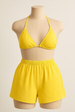 Kadın Sarı Şortlu Belden ve Boyundan Bağlamalı Bikini Takımı – Modern, Konforlu ve Günlük Kombinlere Uygun