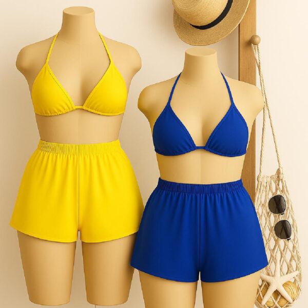 Kadın Sarı ve Mavi Şortlu Belden ve Boyundan Bağlamalı Bikini Takımı – Modern, Konforlu ve Günlük Kombinlere Uygun