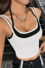 Kadın Siyah Beyaz Çift Renk Çapraz Askılı Crop Top Bluz - Görsel 2